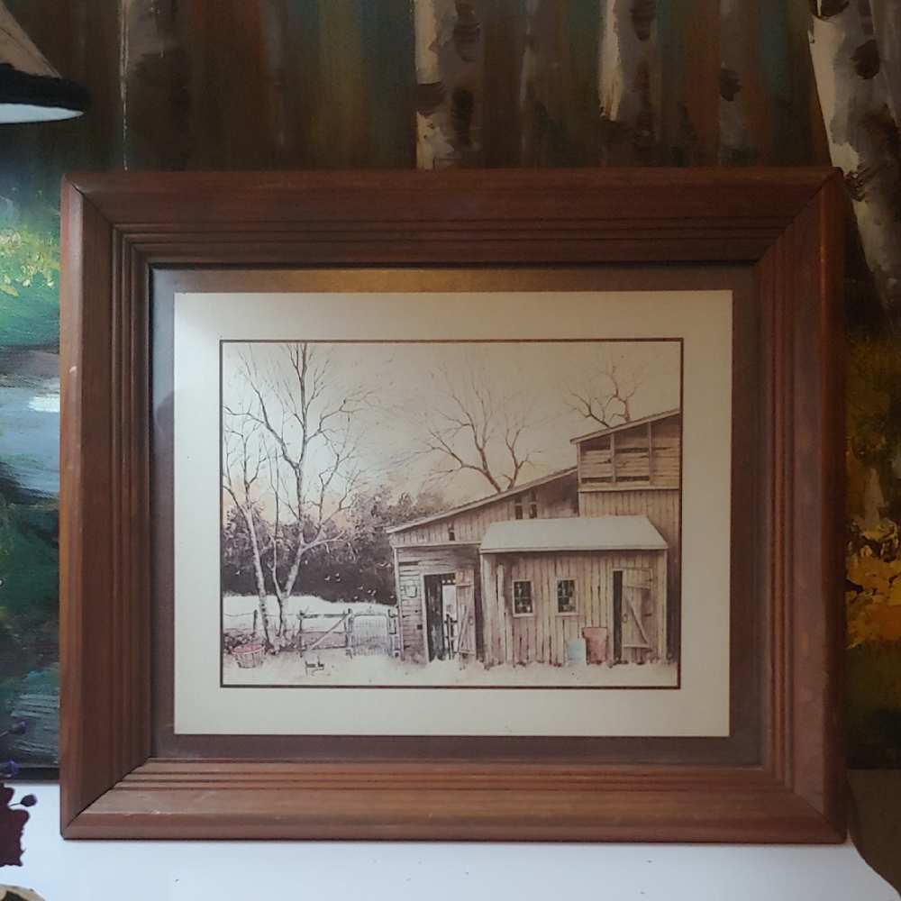 Vtg Robert Nidy Signed Print w/ Wood Frame, Barn, Trees